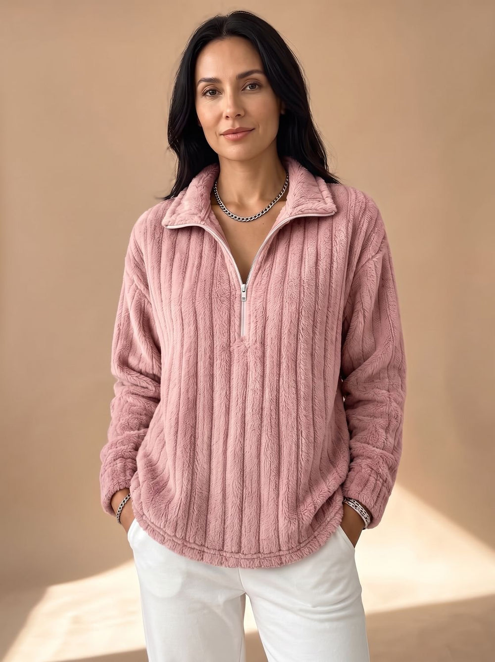 Women's Ribbed Plush Fleece Quarter-Zip Pullover Sweater - Pink
