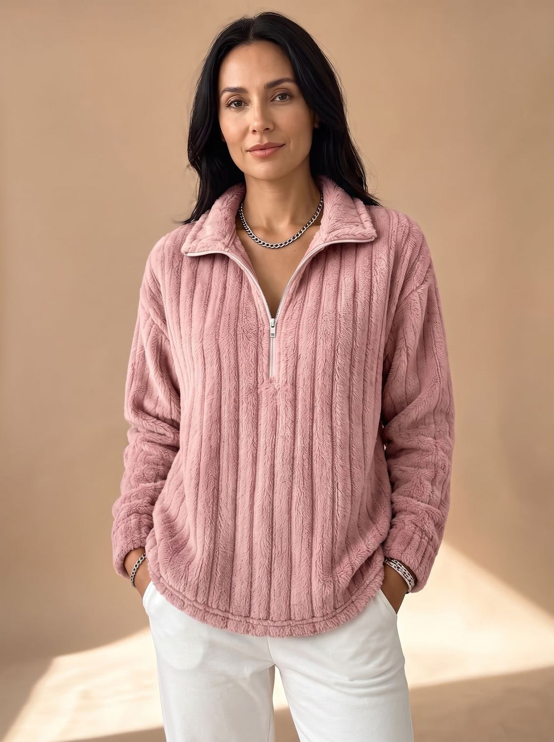 Women's Ribbed Plush Fleece Quarter-Zip Pullover Sweater - Pink