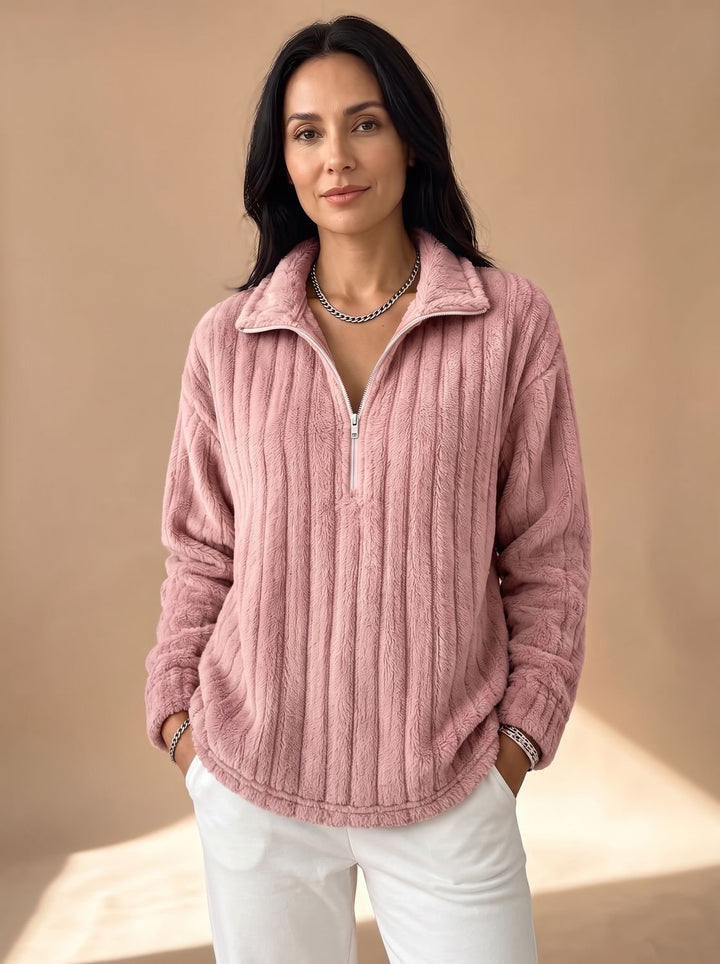 Women's Ribbed Plush Fleece Quarter-Zip Pullover Sweater - Pink
