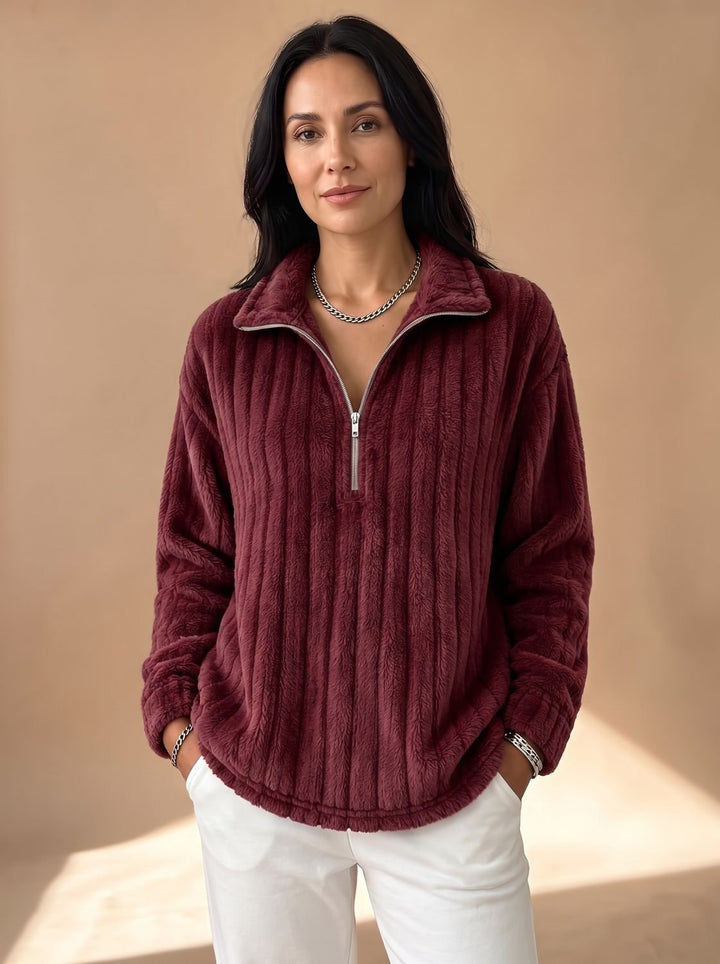 Women's Ribbed Plush Fleece Quarter-Zip Pullover Sweater - Red