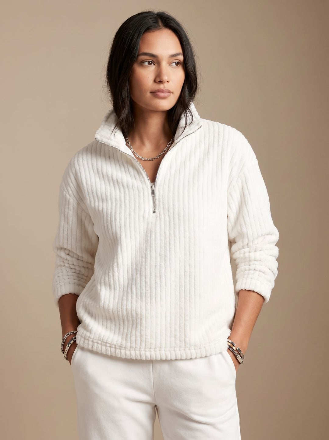 Women's Ribbed Plush Fleece Quarter-Zip Pullover Sweater - White