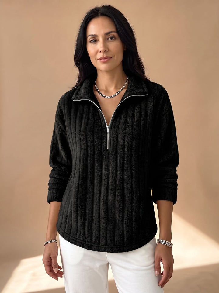 Women's Ribbed Plush Fleece Quarter-Zip Pullover Sweater - Black