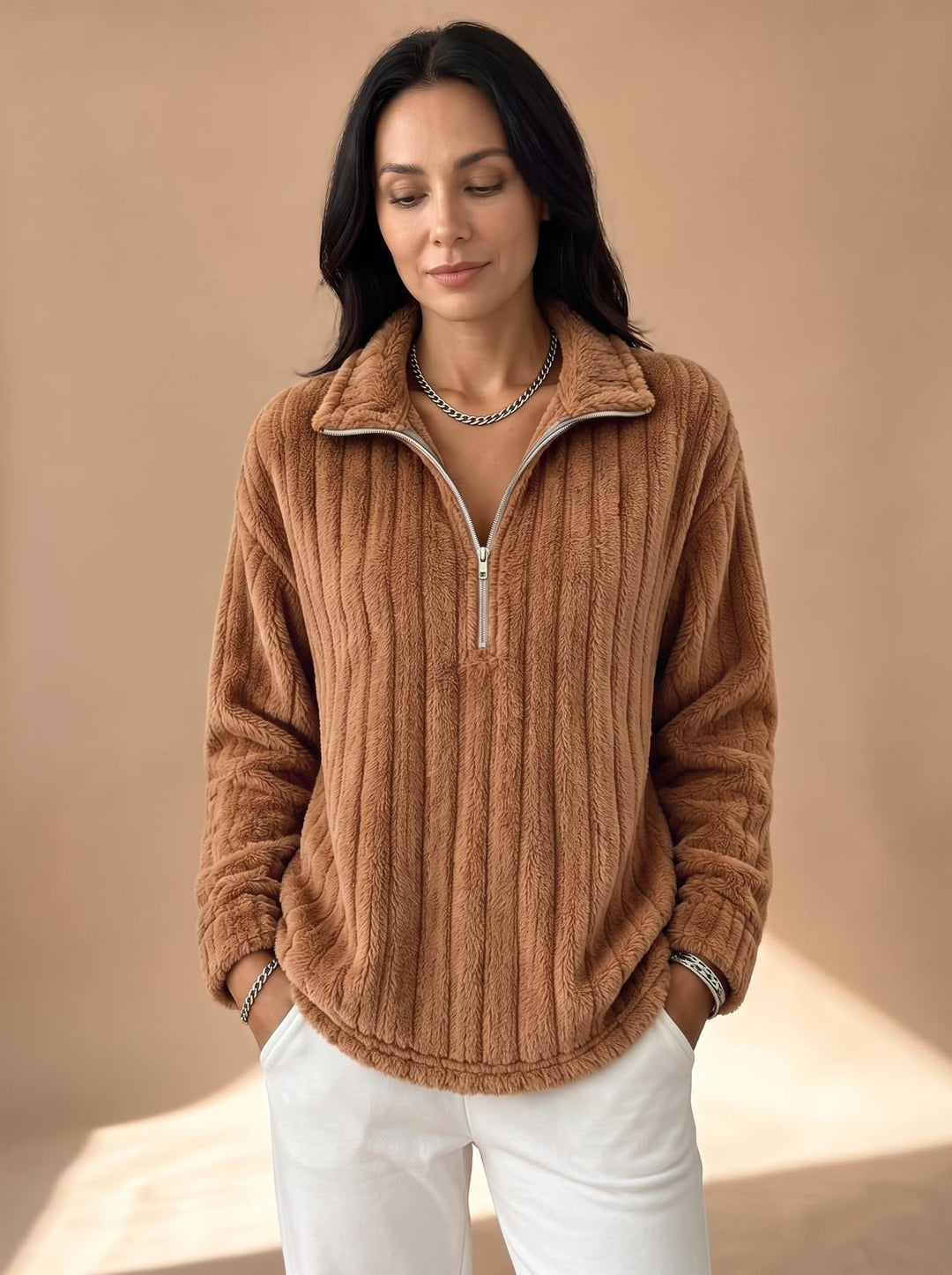 Women's Ribbed Plush Fleece Quarter-Zip Pullover Sweater - Light Brown