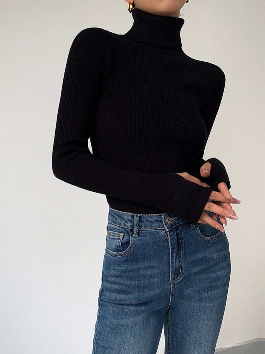 Women's Ribbed Turtleneck Knit Sweater - Black