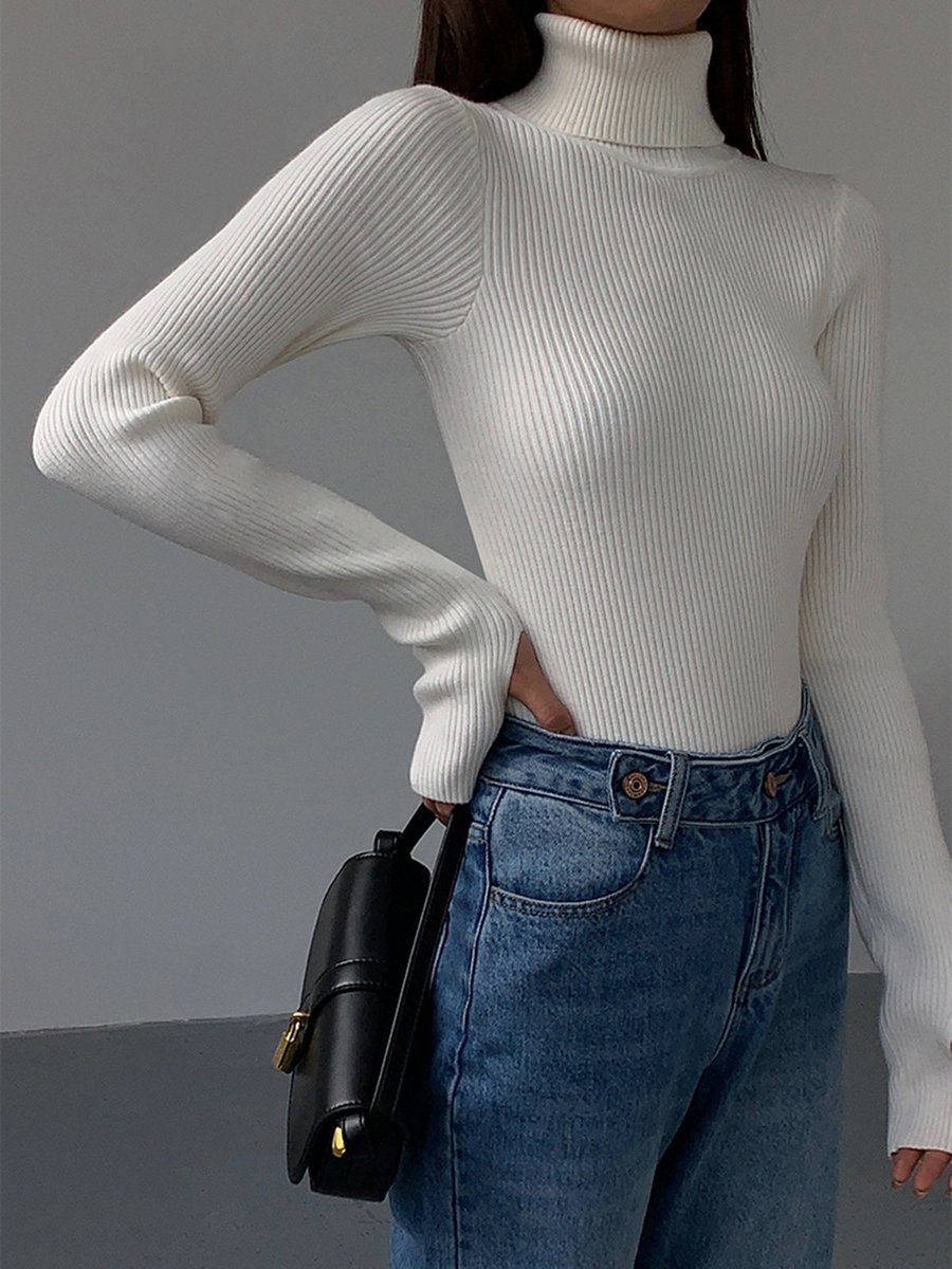 Women's Ribbed Turtleneck Knit Sweater - White