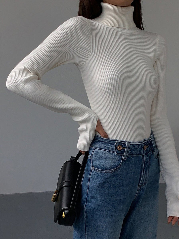 Women's Ribbed Turtleneck Knit Sweater - White