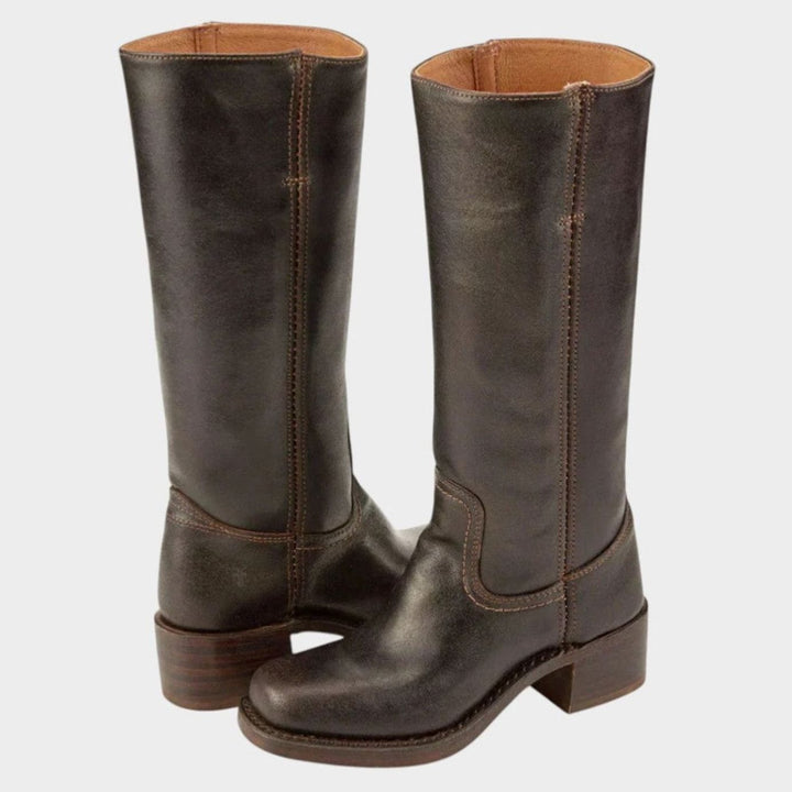 Women's Riding-Inspired Tall Leather Knee High Boots Block Heel - Dark Brown