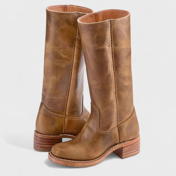 Women's Riding-Inspired Tall Leather Knee High Boots Block Heel - Light Brown
