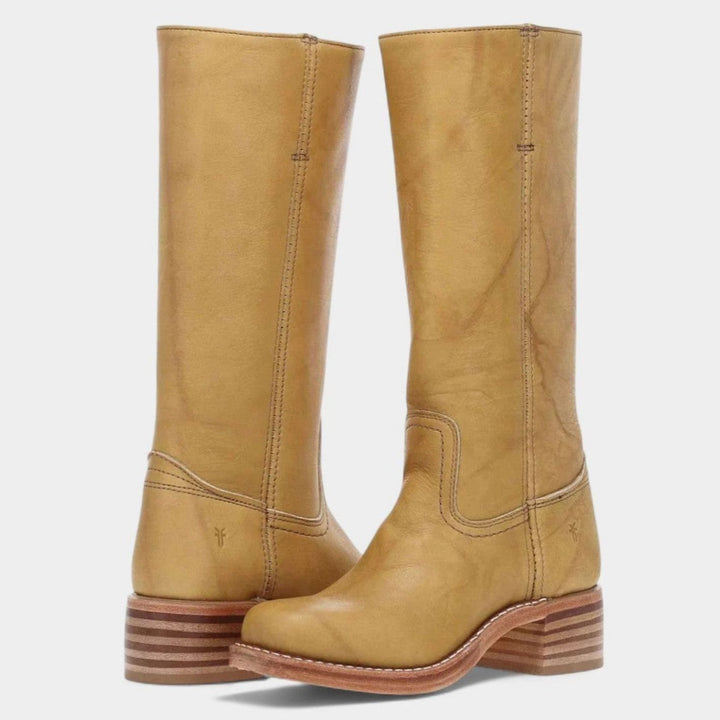 Women's Riding-Inspired Tall Leather Knee High Boots Block Heel - Yellow