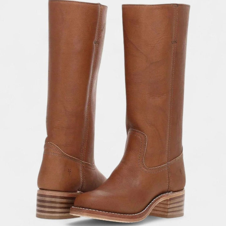 Women's Riding-Inspired Tall Leather Knee High Boots Block Heel - Brown