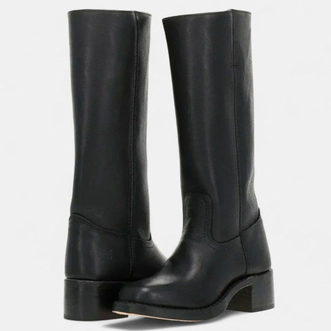 Women's Riding-Inspired Tall Leather Knee High Boots Block Heel - Black