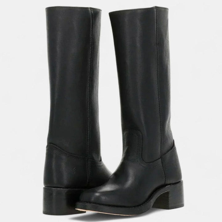 Women's Riding-Inspired Tall Leather Knee High Boots Block Heel - Black