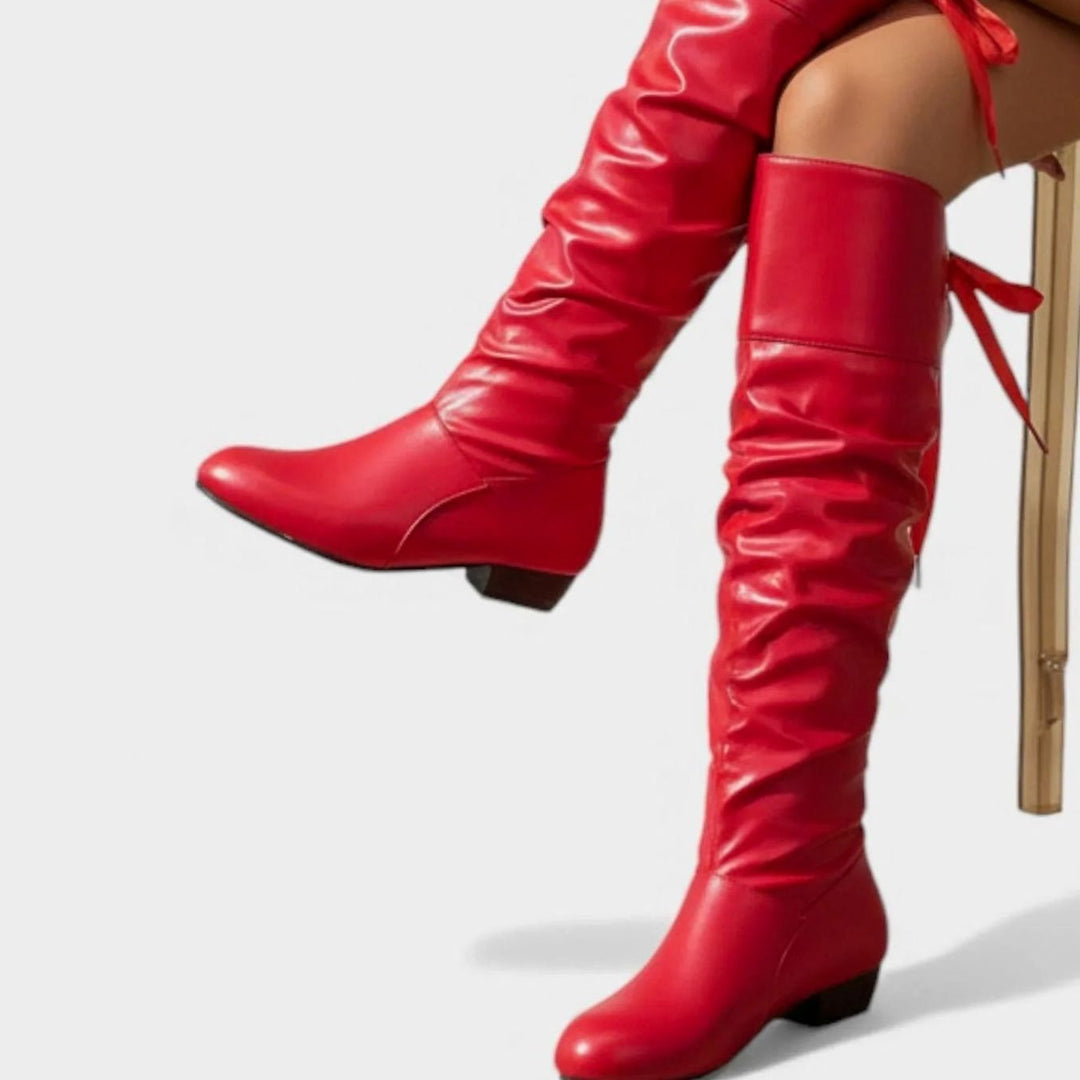 Women's Ruched Faux Leather Mid-Calf Boots Bow-Tie Low Heel - Red