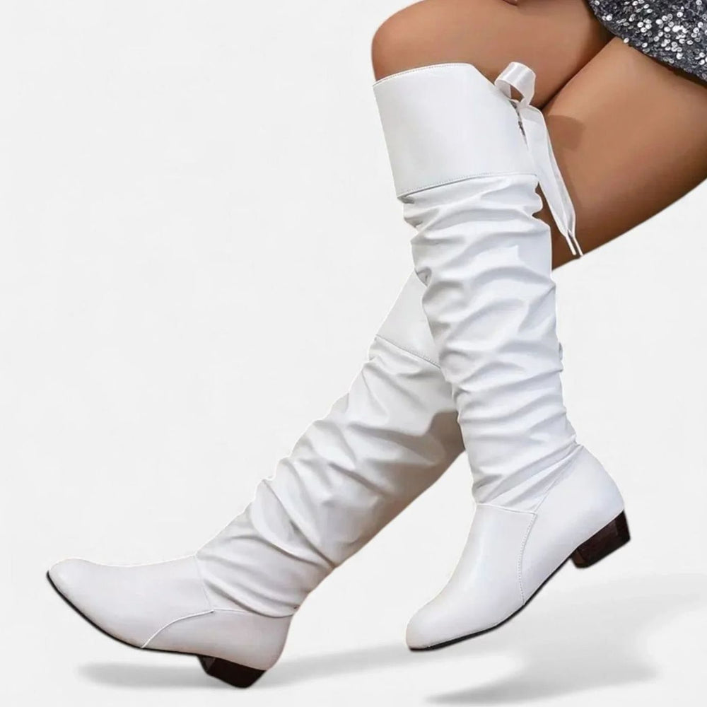 Women's Ruched Faux Leather Mid-Calf Boots Bow-Tie Low Heel - White