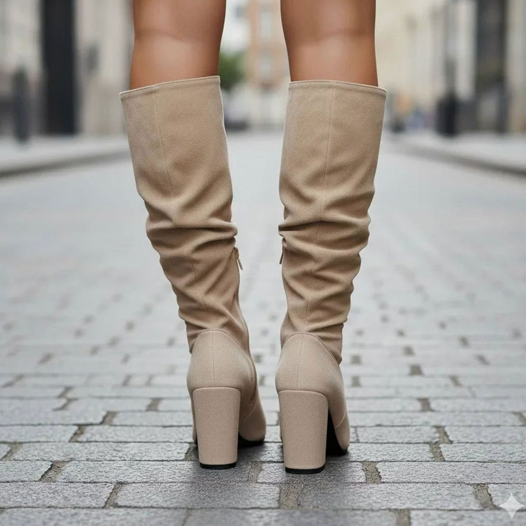 Women's Ruched Knee High Boots Block Heel Zip-Up