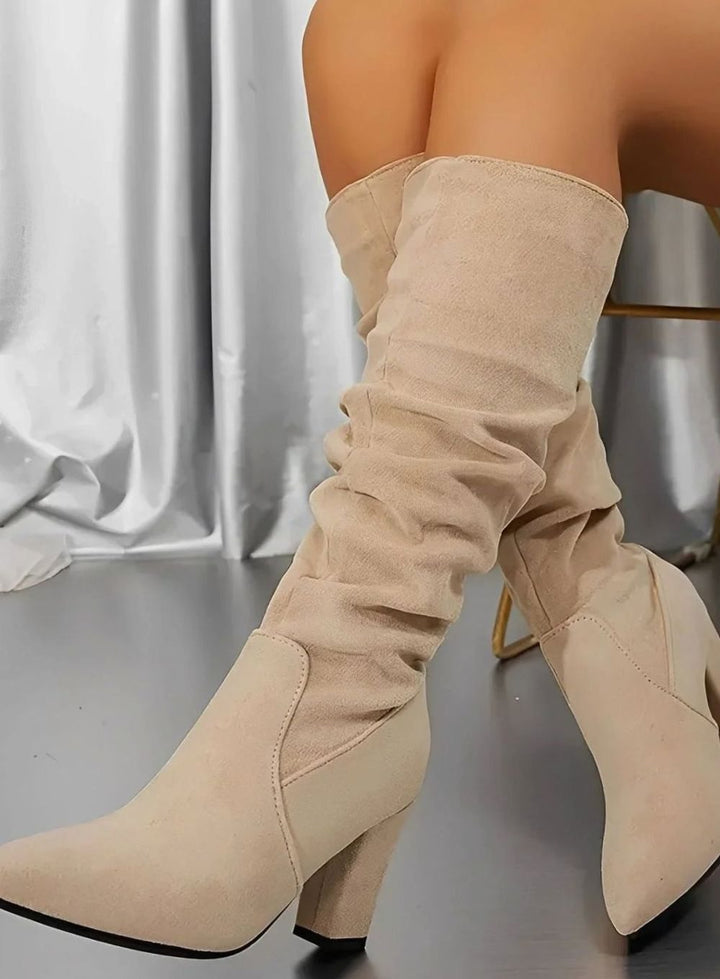 Women's Ruched Knee High Boots Block Heel Zip-Up