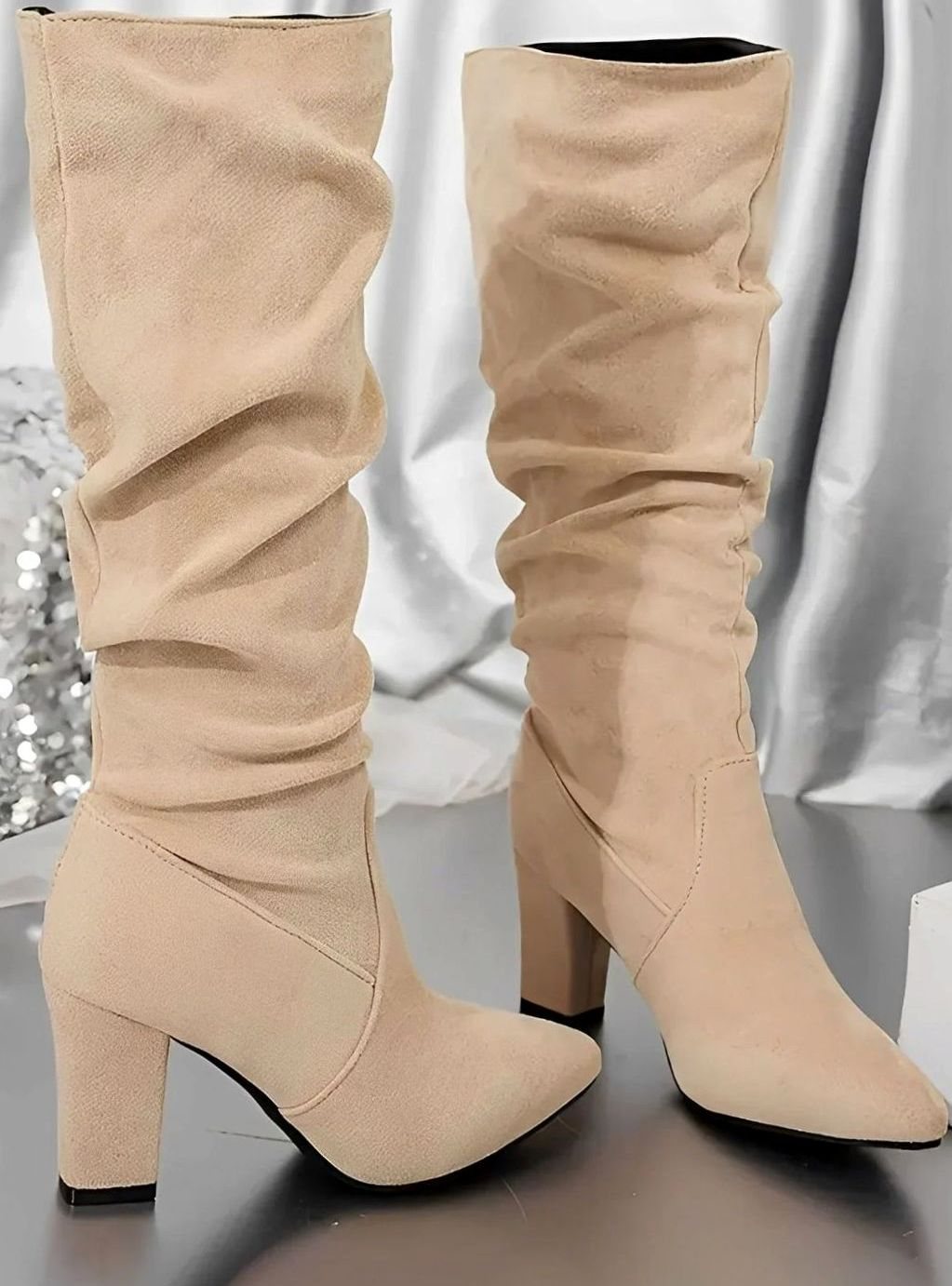Women's Ruched Knee High Boots Block Heel Zip-Up