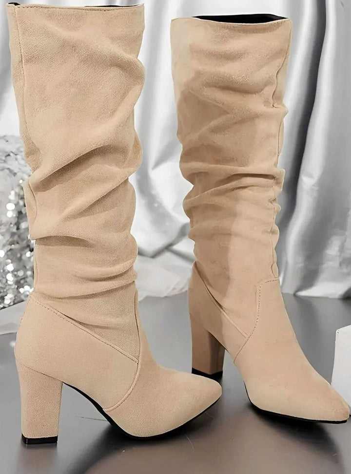 Women's Ruched Knee High Boots Block Heel Zip-Up