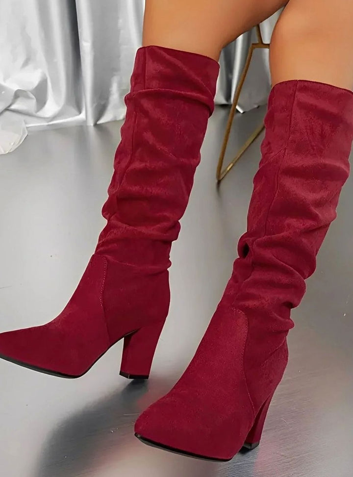 Women's Ruched Knee High Boots Block Heel Zip-Up