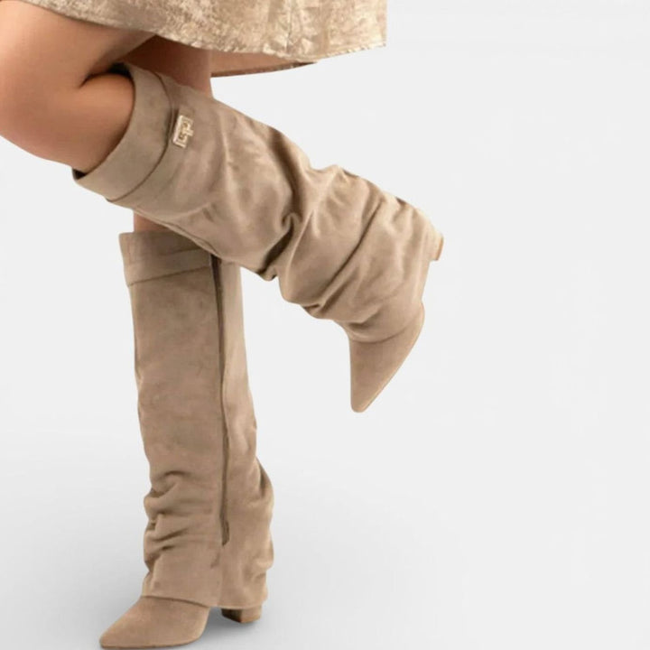 Women's Ruched Pointed-Toe Knee High Boots Low Block Heel - Light Brown
