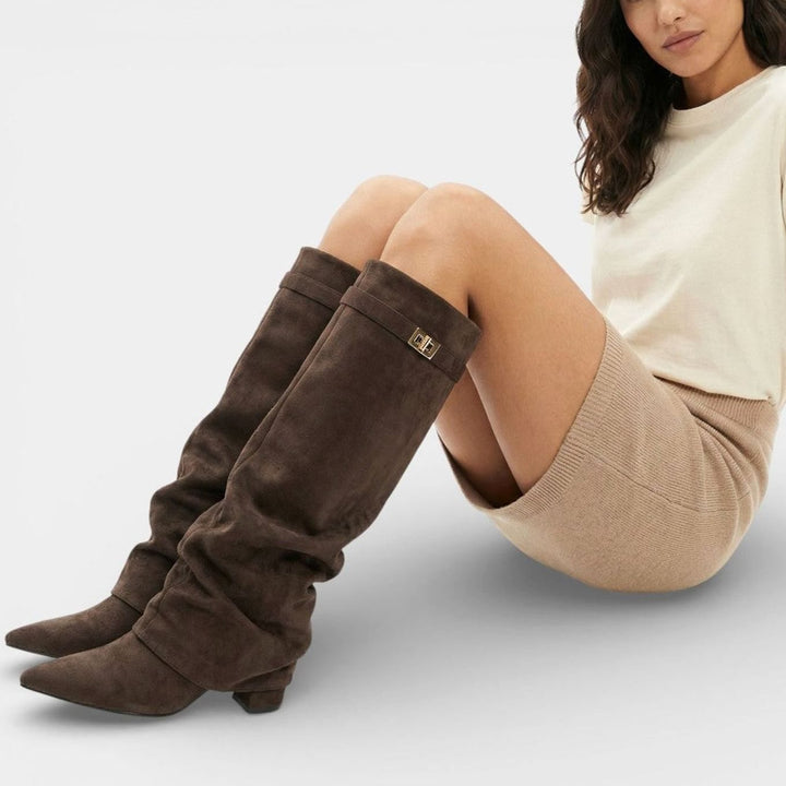 Women's Ruched Pointed-Toe Knee High Boots Low Block Heel