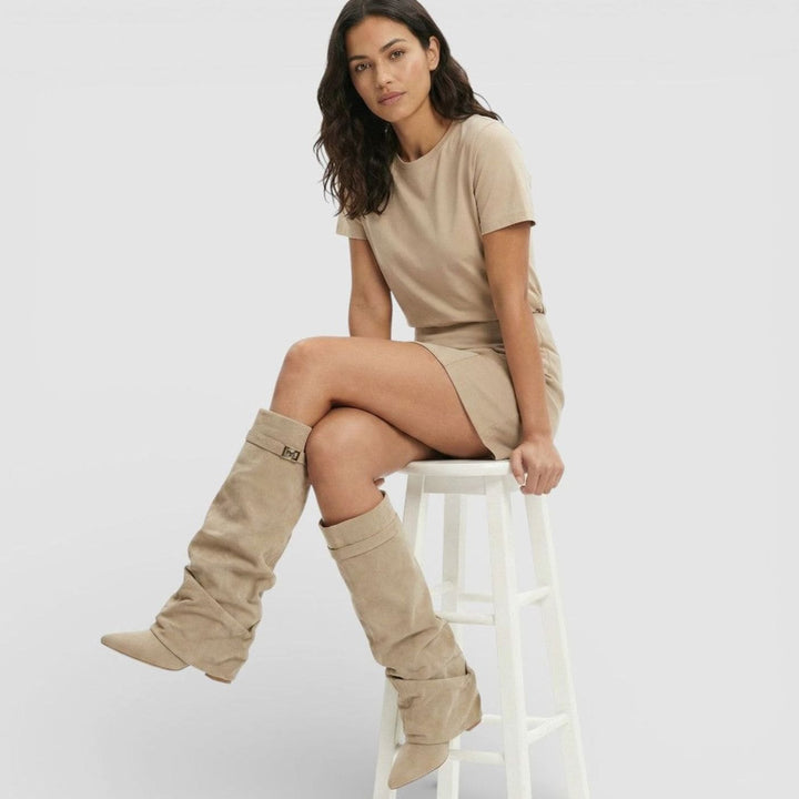 Women's Ruched Pointed-Toe Knee High Boots Low Block Heel