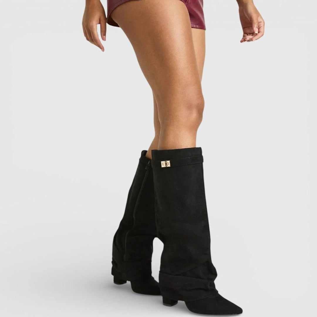 Women's Ruched Pointed-Toe Knee High Boots Low Block Heel - Black