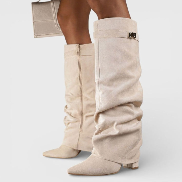 Women's Ruched Pointed-Toe Knee High Boots Low Block Heel - Beige