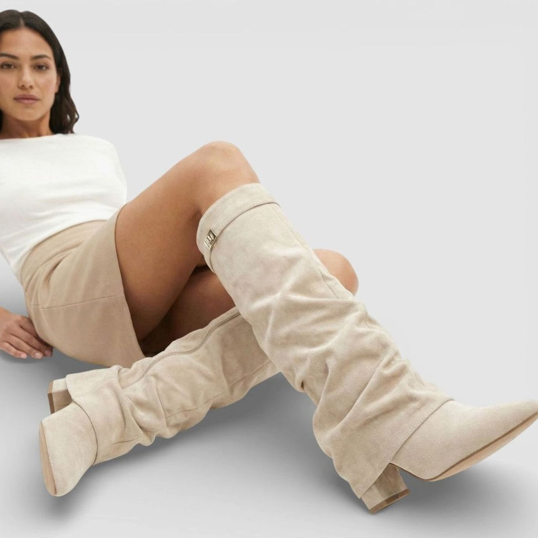 Women's Ruched Pointed-Toe Knee High Boots Low Block Heel