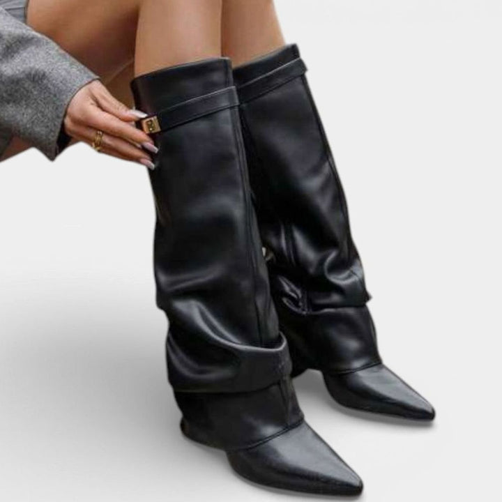 Women's Ruched Pointed-Toe Knee High Boots Low Block Heel - Black Skin
