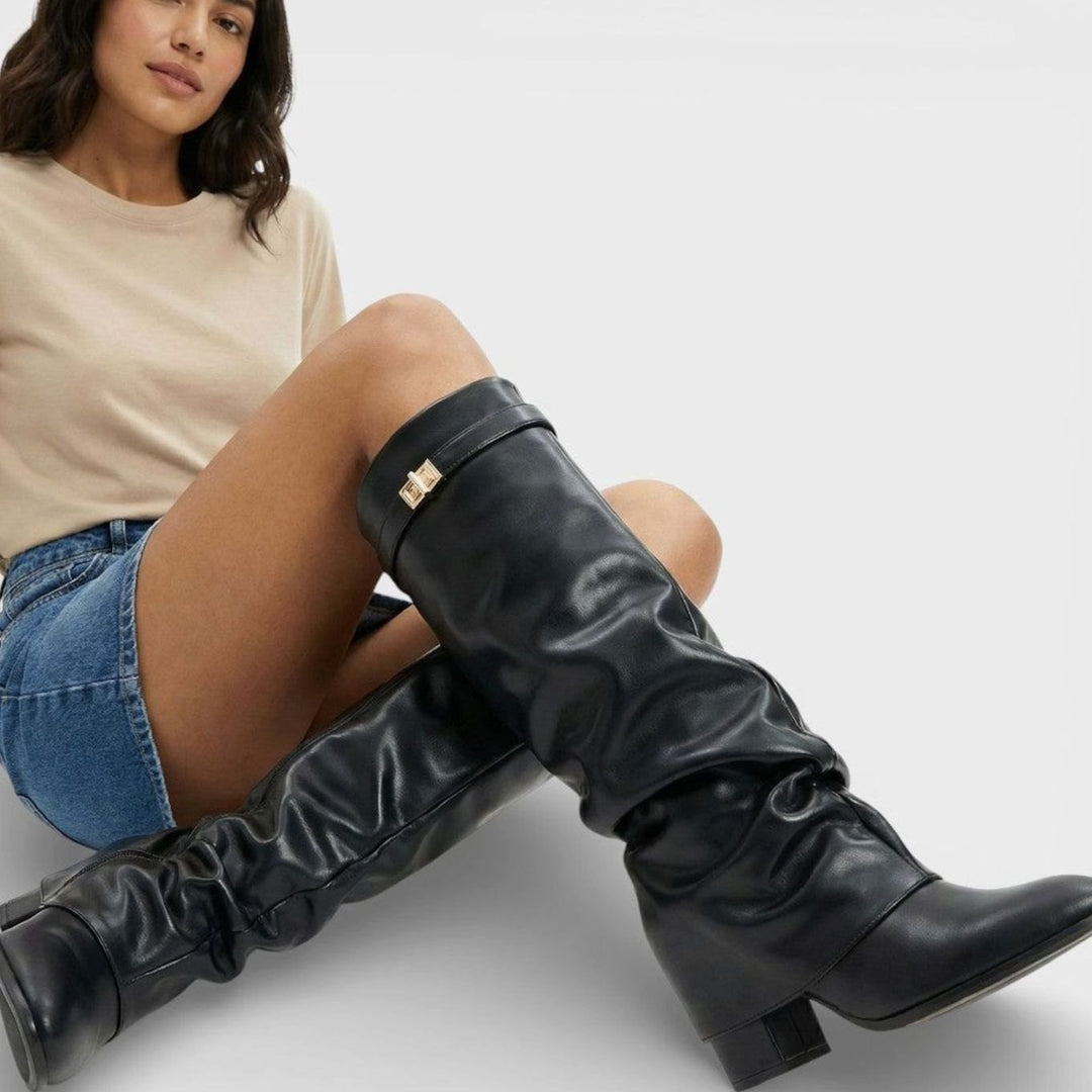 Women's Ruched Pointed-Toe Knee High Boots Low Block Heel