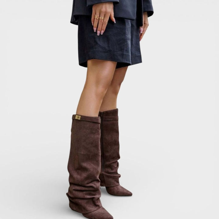 Women's Ruched Pointed-Toe Knee High Boots Low Block Heel - Dark Brown