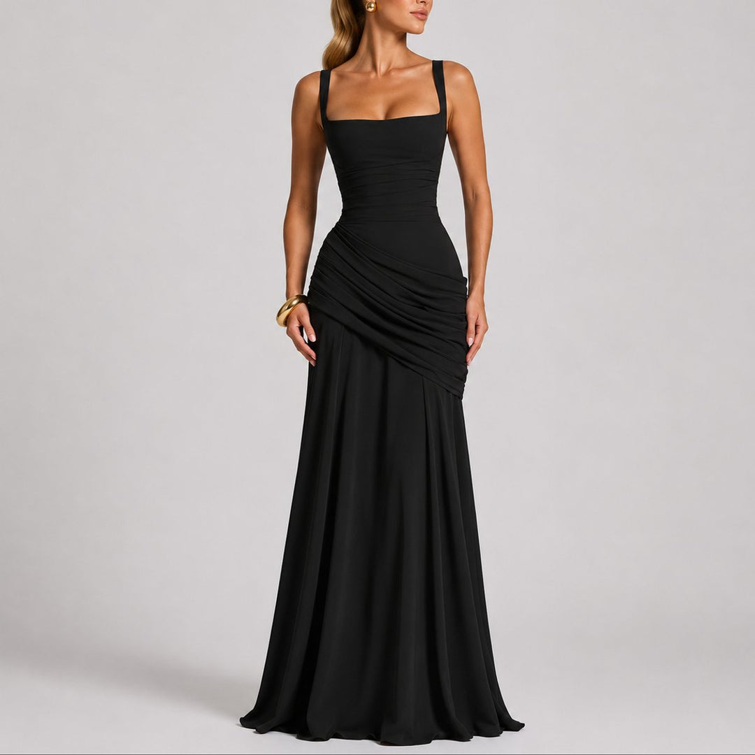 Women's Ruched Square-Neck Maxi Fall Wedding Guest Dresses Formal Gown - Black