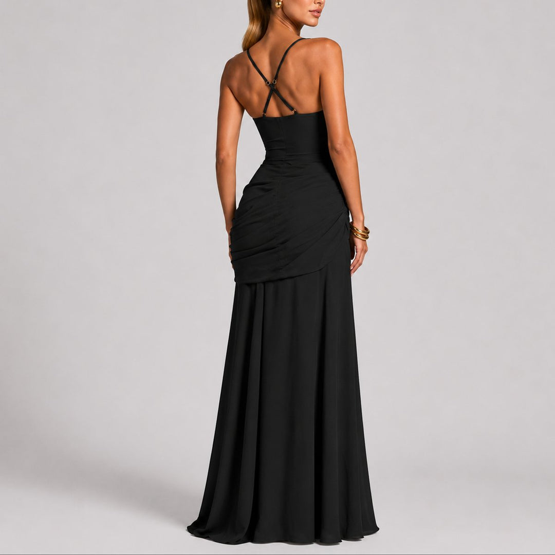 Women's Ruched Square-Neck Maxi Fall Wedding Guest Dresses Formal Gown