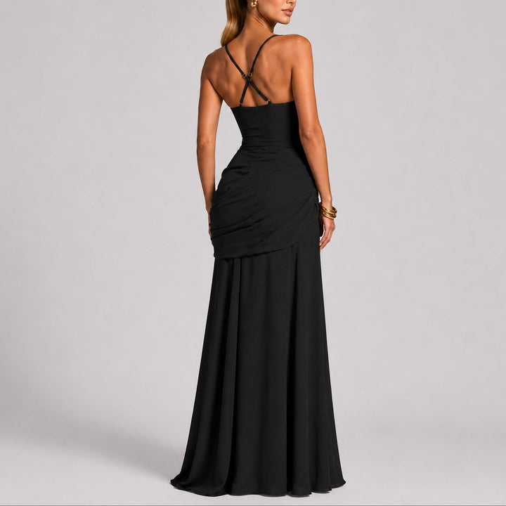 Women's Ruched Square-Neck Maxi Fall Wedding Guest Dresses Formal Gown