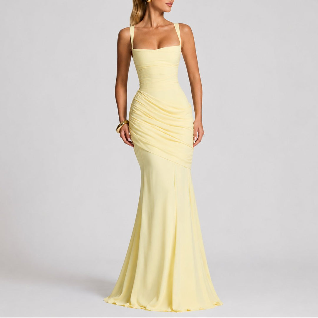 Women's Ruched Square-Neck Maxi Fall Wedding Guest Dresses Formal Gown - Yellow