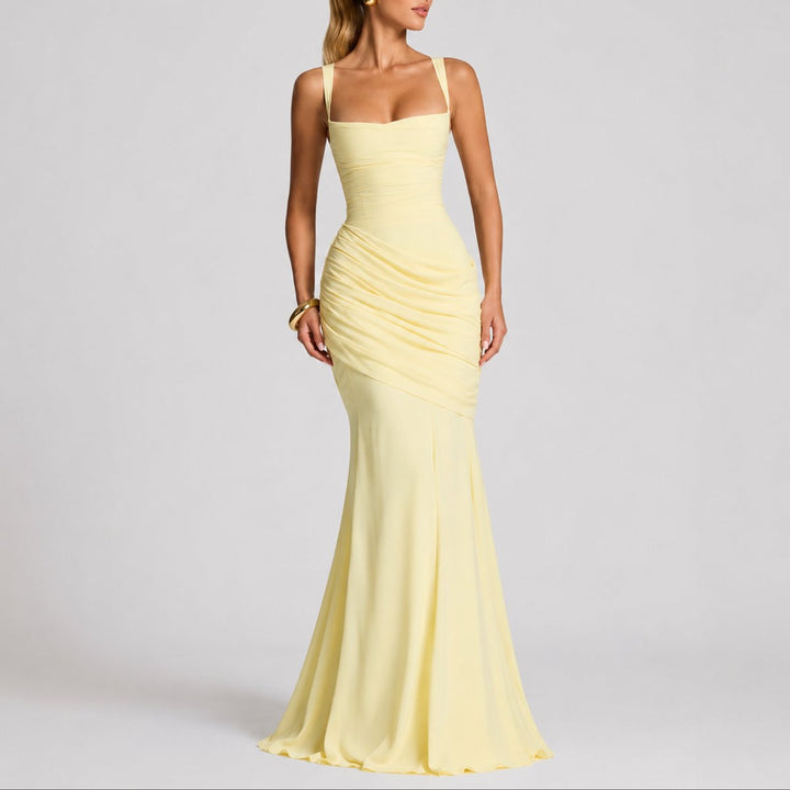 Women's Ruched Square-Neck Maxi Fall Wedding Guest Dresses Formal Gown - Yellow
