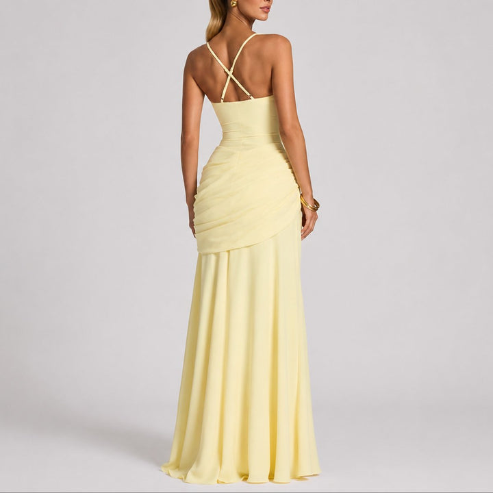 Women's Ruched Square-Neck Maxi Fall Wedding Guest Dresses Formal Gown