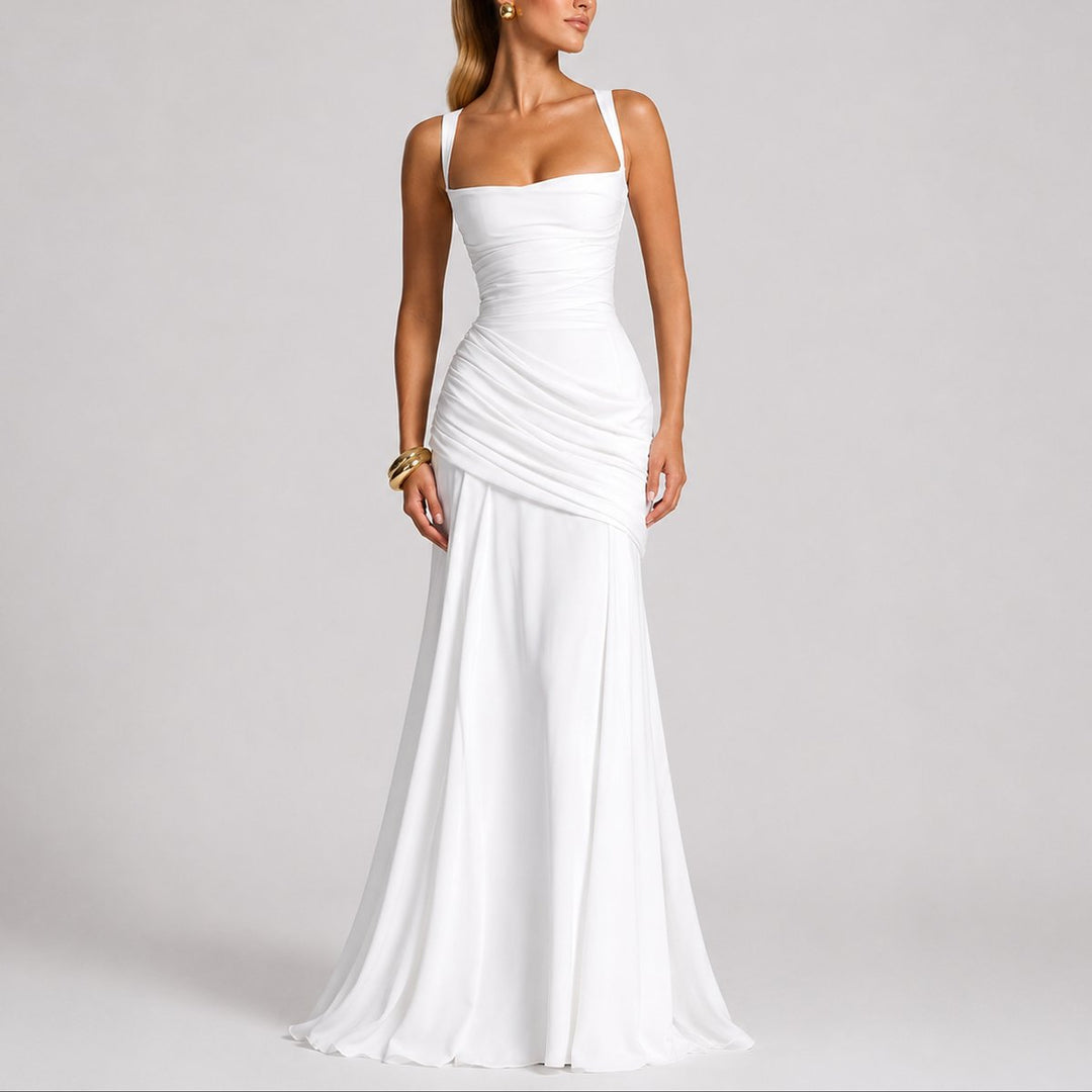Women's Ruched Square-Neck Maxi Fall Wedding Guest Dresses Formal Gown - White