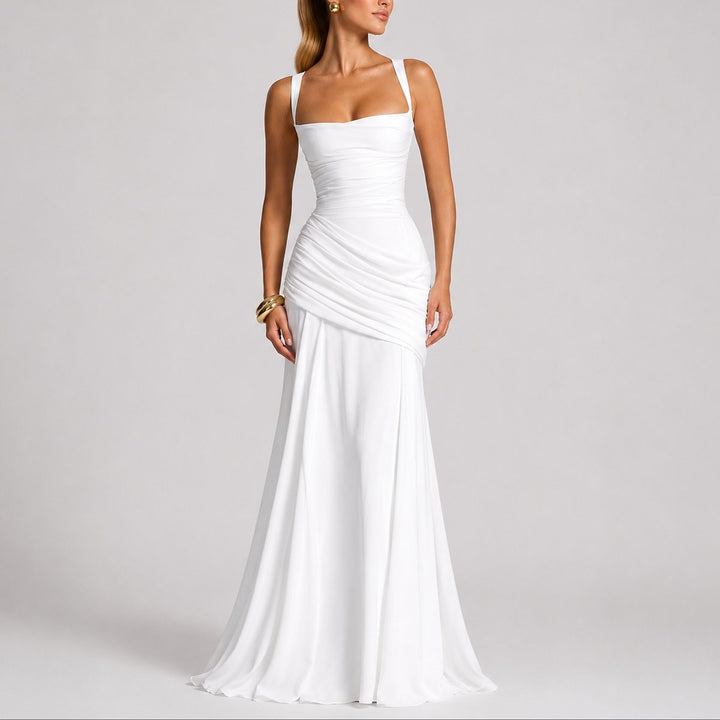 Women's Ruched Square-Neck Maxi Fall Wedding Guest Dresses Formal Gown - White