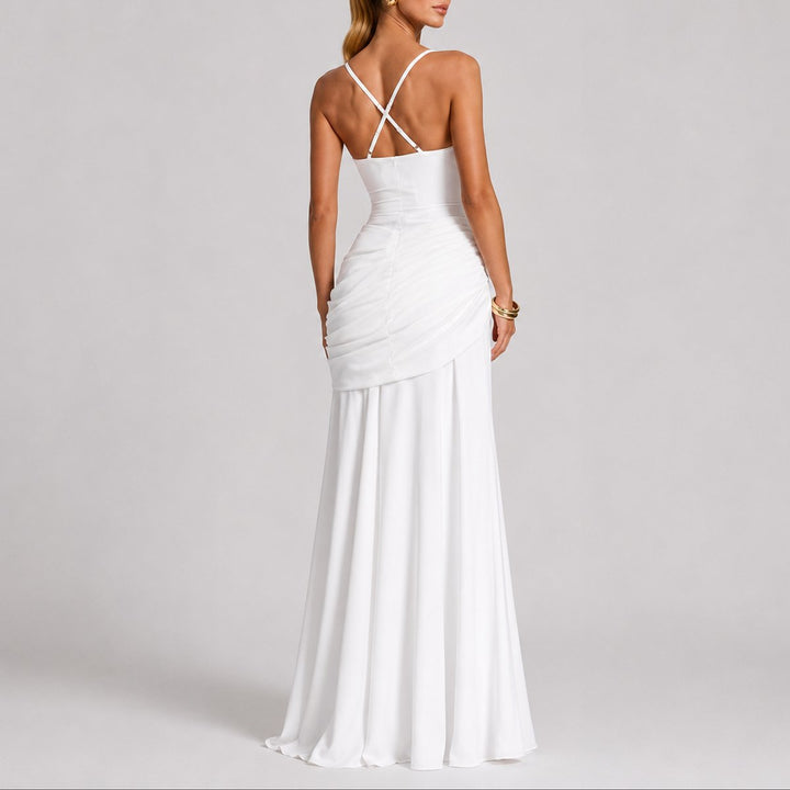 Women's Ruched Square-Neck Maxi Fall Wedding Guest Dresses Formal Gown