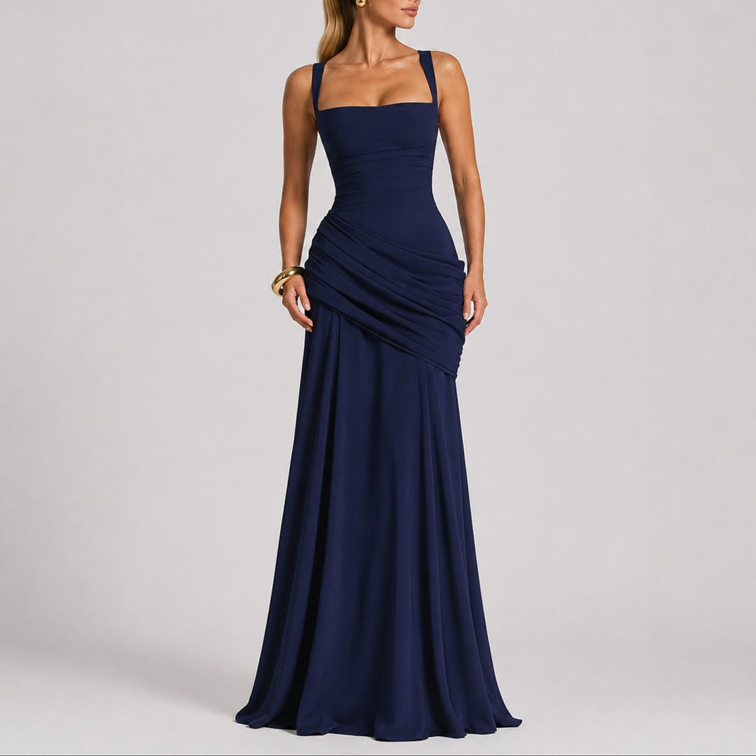 Women's Ruched Square-Neck Maxi Fall Wedding Guest Dresses Formal Gown - Navy