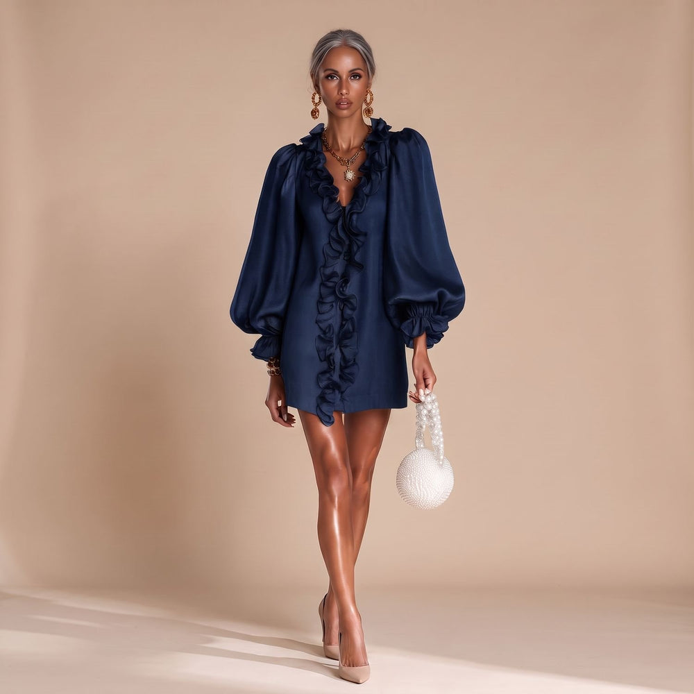 Women's Ruffle-Front Puff-Sleeve Long Sleeve Mini Dress
