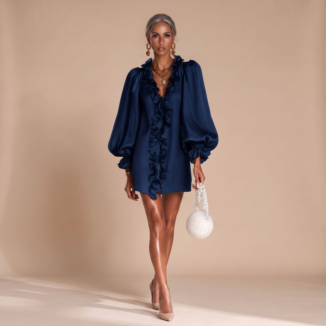 Women's Ruffle-Front Puff-Sleeve Long Sleeve Mini Dress