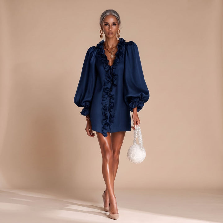 Women's Ruffle-Front Puff-Sleeve Long Sleeve Mini Dress