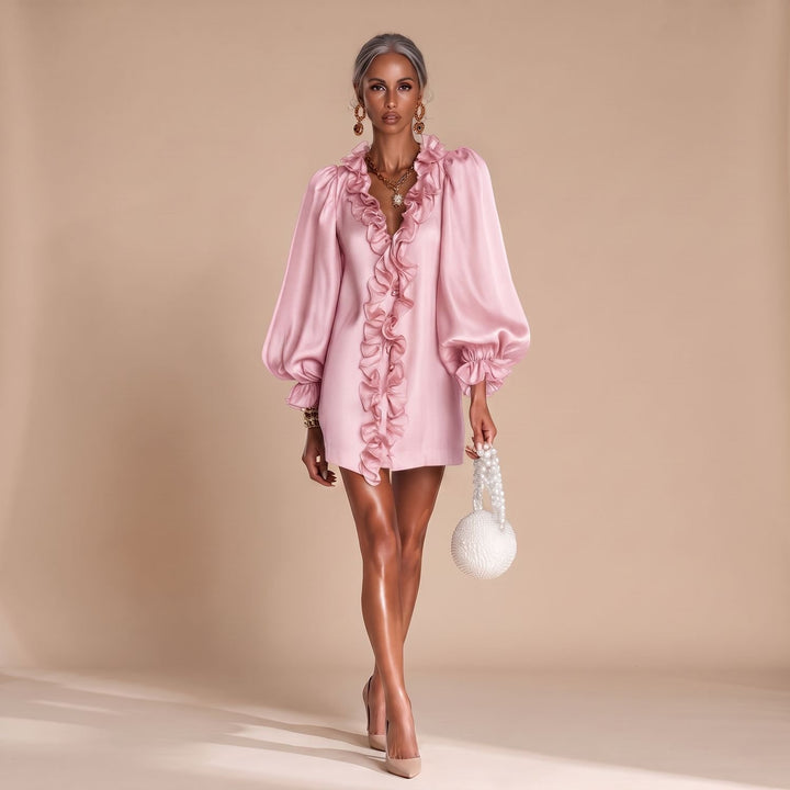 Women's Ruffle-Front Puff-Sleeve Long Sleeve Mini Dress