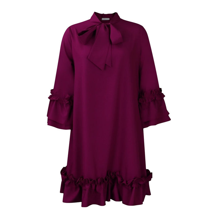 Women's Ruffle-Hem Bow-Collar Mini Tunic Dress - Purple