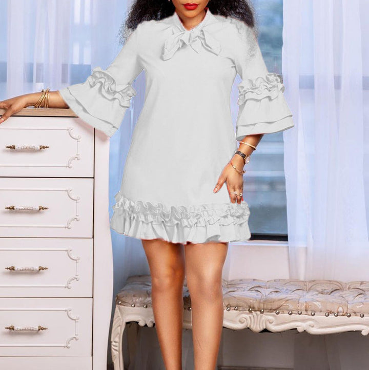 Women's Ruffle-Hem Bow-Collar Mini Tunic Dress