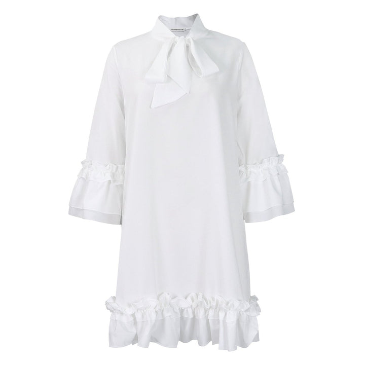 Women's Ruffle-Hem Bow-Collar Mini Tunic Dress - White