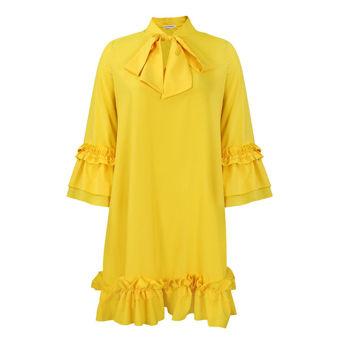 Women's Ruffle-Hem Bow-Collar Mini Tunic Dress - Yellow